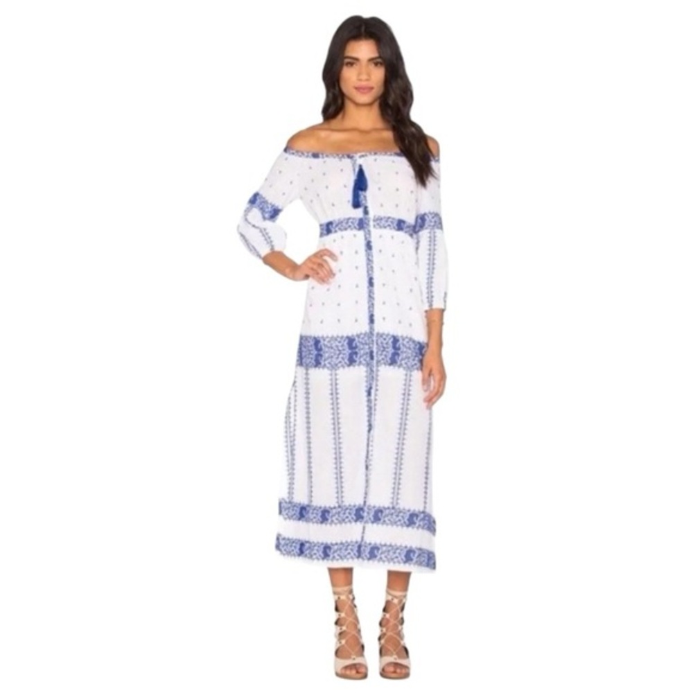 Bardot x Revolve Santorini Laced Off The Shoulder Maxi Dress in White & Blue